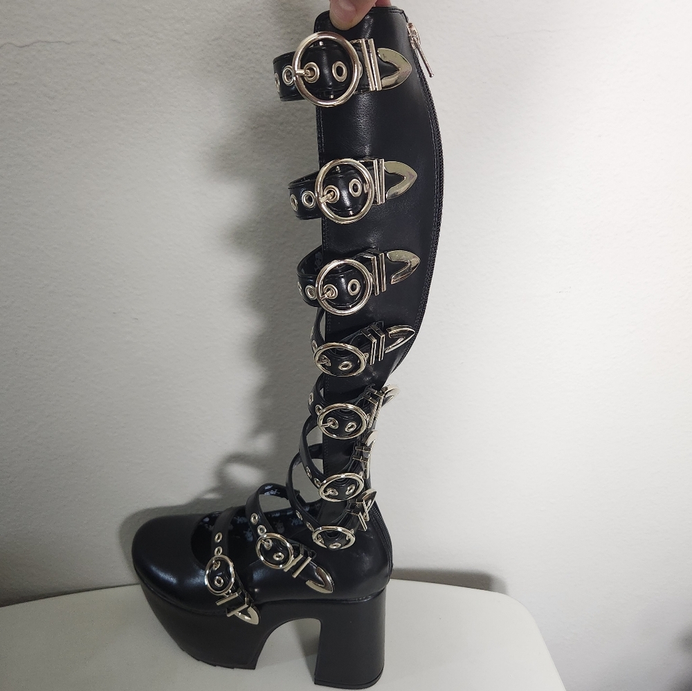 Dolls Kill Lamoda Almighty Platform Strappy Mary Jane Knee High Boots- Sz 9 NEW